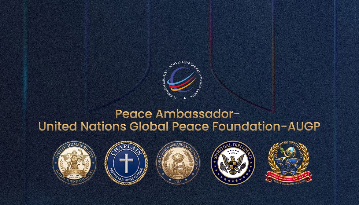 Supplied Peace Ambassador banner: United Nations Global Peace Foundation–AUGP, with Elshaddai Ministry and accompanying emblems